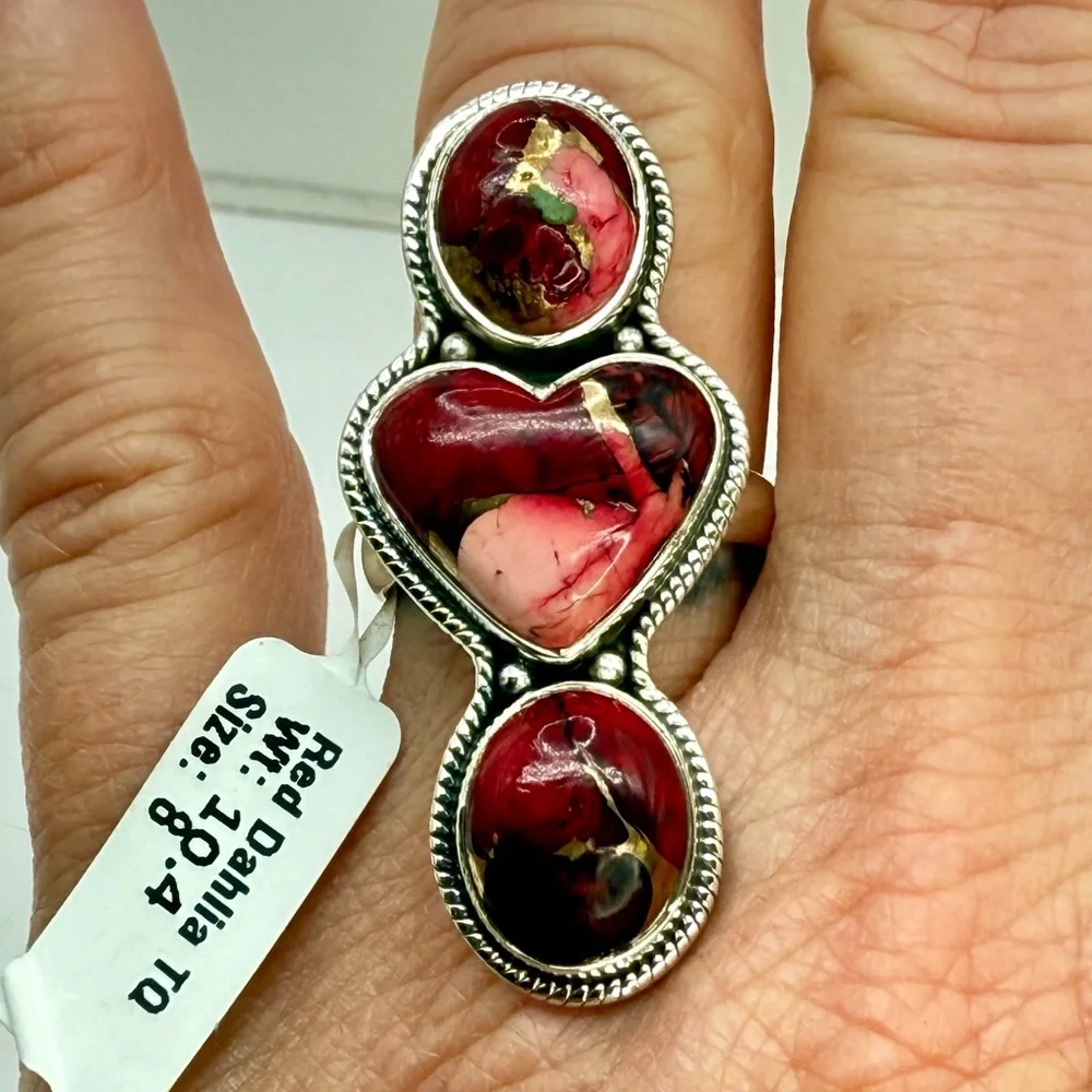 Sterling Silver Red Dahlia Turquoise Triple Stone Statement Ring – Size 8 (10.4g